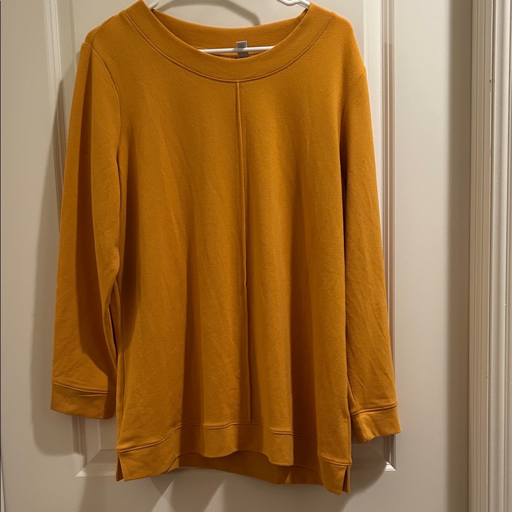 D&Co round neck Tunic Top center seam,side slits long sleeves size MP mustard